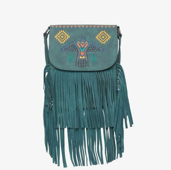 Montana West Handbags - NIB Wrangler Embroidered Thunderbird Aztec Fringe Crossbody in Turquoise